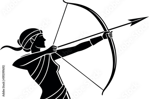 Vector silhouette of a powerful female archer aiming a bow and arrow, depicted in a dynamic pose, isolated on a transparent background for branding or icon use.