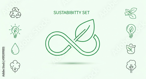 Infinity loop symbol with leaf and sustainability icons.