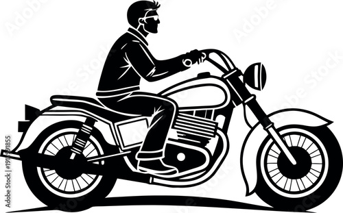 Monochromatic vector illustration of a male biker wearing a leather jacket and sunglasses, riding a classic cruiser motorcycle, isolated on a transparent background.