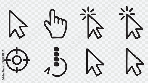 Set of computer mouse cursors and click pointer icons, user interface elements