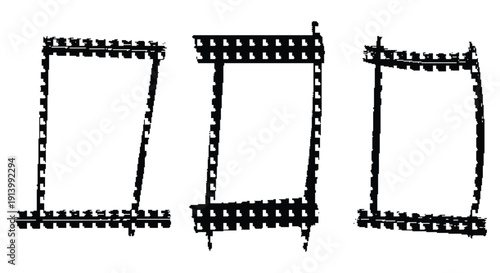 Film strip frames set featuring black skewed rectangles and pixelated borders in a technical graphic style. A vector illustration collection for photo layouts and digital media art design.