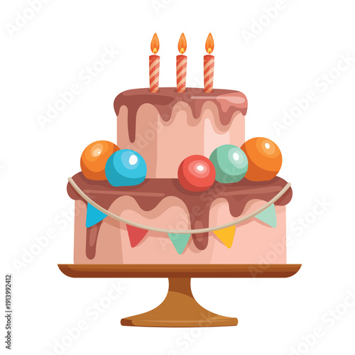 Festive Birthday Cake with Candles and Colorful Candy Decorations. Flat vector illustration of a layered chocolate drip cake on a stand, isolated on white background, perfect for party invitations.
