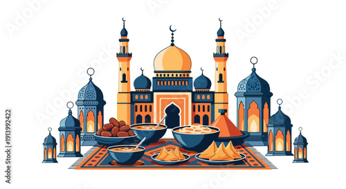Illustration of a mosque with a mosque with blue and gold domes and minarets with food on a prayer mat on a white background.