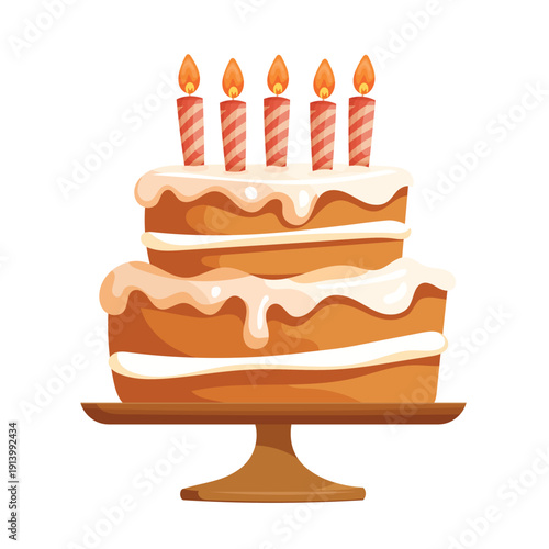 Festive Layered Birthday Cake with Candles on Stand. Colorful Cartoon Style Celebration Dessert Isolated on White Background.