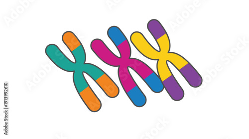 Three colorful chromosomes illustrating Trisomy 21, a genetic abnormality symbolizing Down Syndrome awareness in a medical education flat vector design with a vibrant palette on a white background.