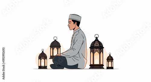 An illustration of a man sitting cross-legged in a traditional outfit with lanterns around him on a plain white background.