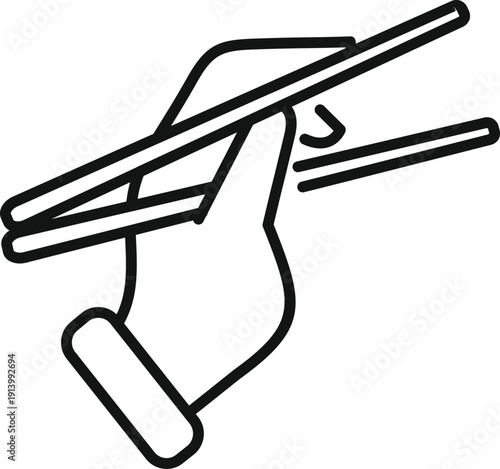 Hand holding two chopsticks, ready for picking up food, on white background