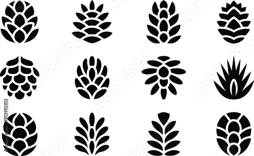 A grid arrangement of twelve individual black pinecone and hop symbols contrasting brightly on a crisp white surface