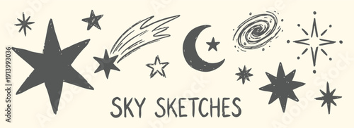 Night sky sketches featuring hand-drawn stars, crescent moon, comet and galaxy in a charcoal doodle style. A celestial vector illustration collection for astronomy posters and dark themes.