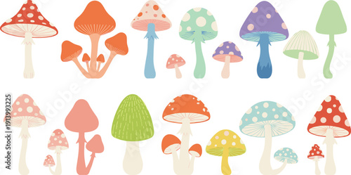 Cute Colorful Mushroom Collection with Spotted Toadstools and Forest Fungi Shapes Vector Illustration Set