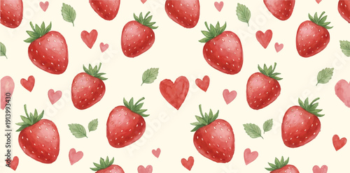 Seamless strawberry pattern with hand-drawn watercolor style red berries and green leaves. A sweet fruit vector illustration collection for kitchen wallpaper, textile print and background.