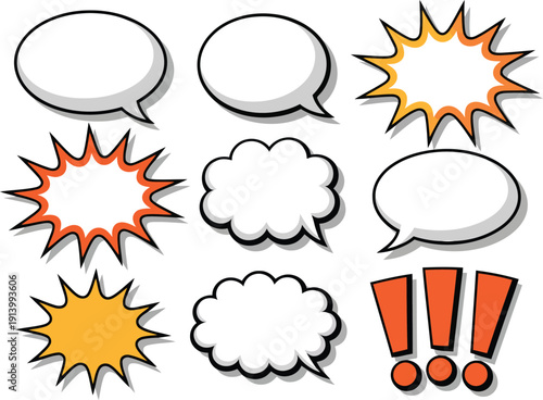 A lively collection of comic style speech bubbles and exclamation marks on a clean white field
