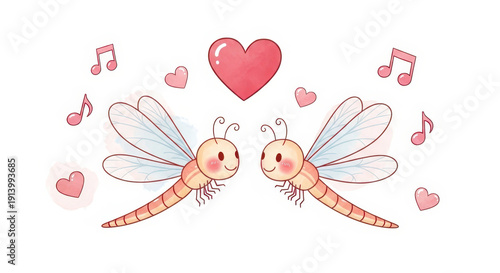 Cute cartoon dragonflies in love with hearts and music notes