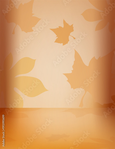 Autumn orange background, podium floor with falling leaves on warm gradient tones.Minimal seasonal display scene for product showcase,Thanksgiving promotion, branding mockup, and fall marketing design