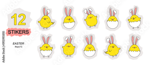 Easter chick with bunny ear sticker, cartoon chicken and rabbit character. Bird animal ears paper drawn set. Cute yellow doodle icon, little farm spring set isolated on white bg. Vector illustration
