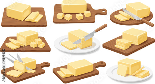 Butter on Cutting Boards – Sliced, Cubed, and Spread Butter Vector Set
