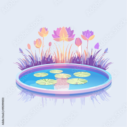 Tranquil Zen Garden Pond with Blooming Lotus Flowers and Lush Reeds