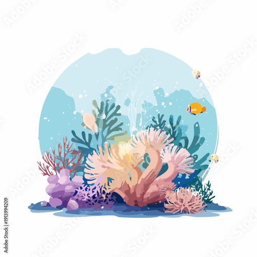 Lush Underwater Coral Reef Ecosystem with Colorful Fish and Anemones in a Stylized Flat Illustration