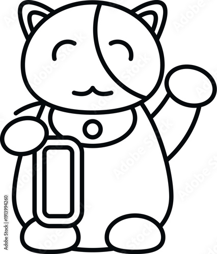 Maneki neko lucky cat holding a coin and waving, symbolizing fortune and prosperity