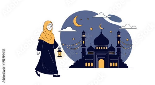 Illustration of a woman in a hijab walking with a lantern towards a mosque at night with a moonlit sky and festive lights.
