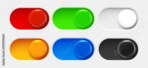 Colorful modern toggle switch buttons set for UI design. Includes glossy ONOFF sliders in various vibrant colors. Vector illustration