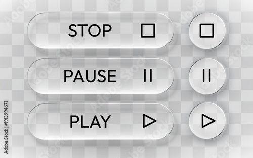 Modern glass media player buttons with stop, pause, and play icons for web and app interfaces. Vector illustration.