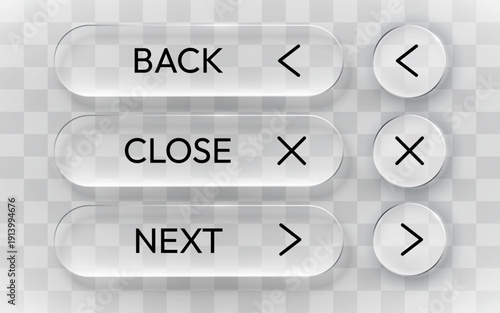 Glassmorphism UI buttons with back, close, and next controls for modern web and app design. Vector illustration