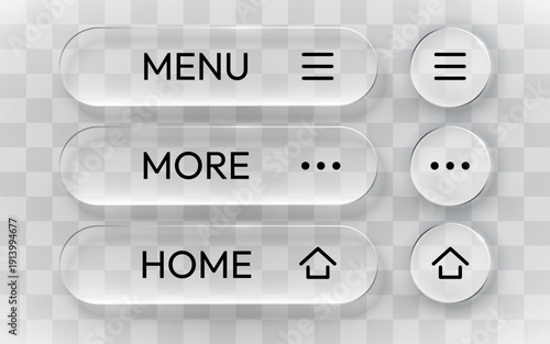 Modern Glassmorphism UI navigation buttons with transparency, perfect for sleek web and app interface design. Vector illustration.