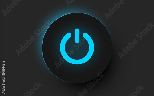 Glowing blue power button on a dark background. A modern onoff switch concept. Vector illustration