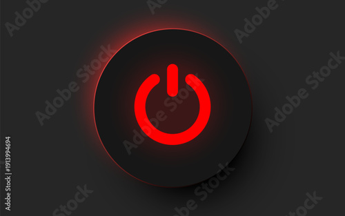 Glowing red power button on a dark background. Modern onoff symbol for interface and system control. Vector illustration