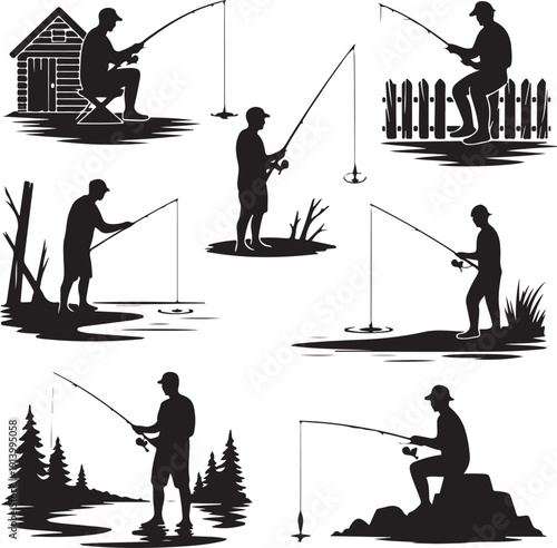 collection of silhouettes of men fishing in various outdoor settings
