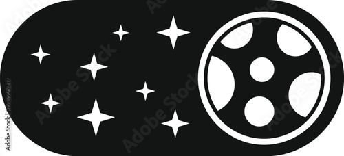 Black and white icon displaying a film reel and stars for cinema entertainment