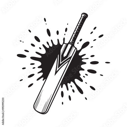A cricket bat depicted behind a black ink splash a dynamic sport illustration