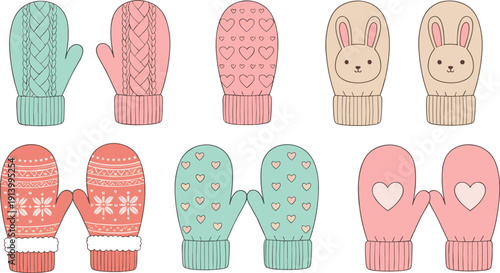 Cute Winter Mittens Collection – Pastel Knitted Gloves Vector Set