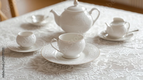Elegant White Porcelain Tea Set on a Lace Tablecloth.