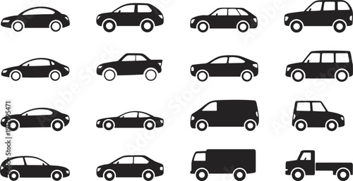 Cars silhouettes collection vehicles transport automobile sedan suv van truck set