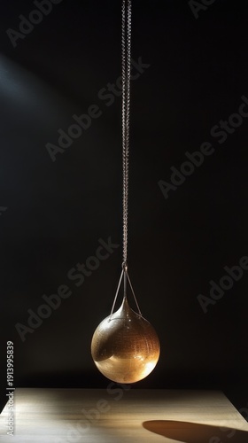 A single golden sphere hanging from a thin string against a dark background.