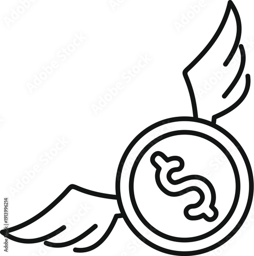 Dollar coin with wings representing flying money, expense, losing cash, or inflation