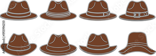 Set of Brown Fedora Hats in Different Styles Flat Vector Illustration
