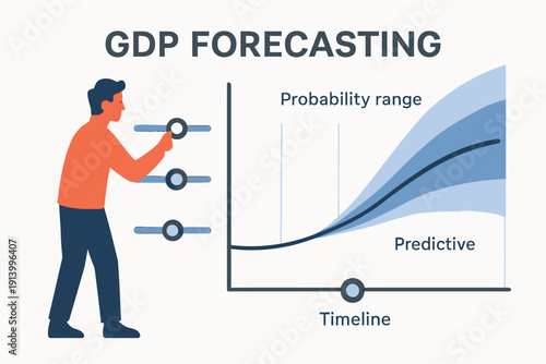 GDP Forecasting Illustration Man Adjusting Economic Factors for Predictive Analysis.