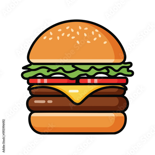 Stylish Illustration of a Classic Beef Cheeseburger with Fresh Vegetables and Melted Cheese