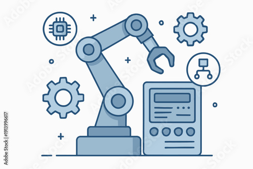 Robotic Arm and Control Panel Automation and Technology Illustration.
