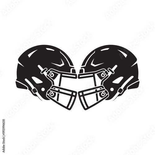 Two american football helmets facing each other in a black silhouette