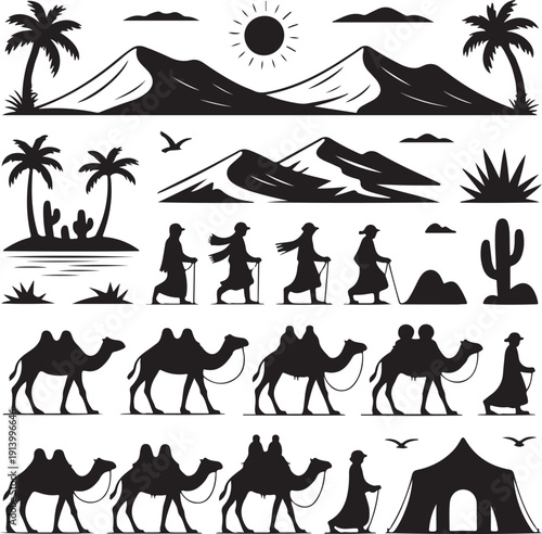 Desert landscape and people with camels in black silhouette icons
