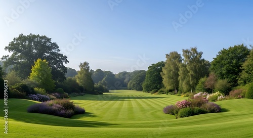 A serene golf course landscape with lush green grass and vibrant trees under a clear blue sky