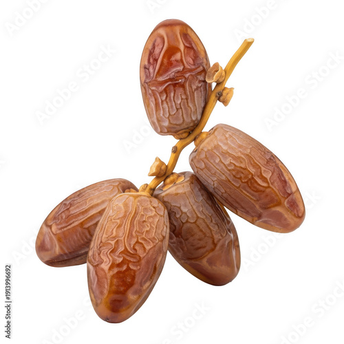 A cluster of dates hanging from a stem, showcasing their brown color and textured surface.