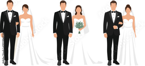 Elegant Wedding Couple Vector Illustration Set with Bride and Groom in Formal Dress, Bridal Bouquet and Romantic Marriage Ceremony Characters for Event Design