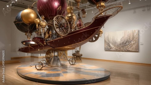 Steampunk airship sculpture showcasing intricate brass details and vibrant hot air balloons at a museum exhibit