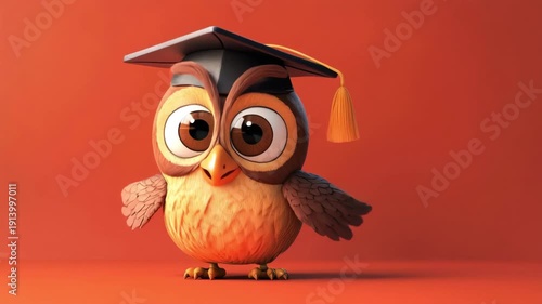 Cartoon owl wearing a graduation cap on a bright orange background, symbolizing education and wisdom