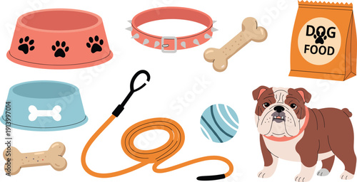 Dog Care Accessories Vector Set with Bulldog, Food Bowl, Leash, Collar, Bones and Pet Supplies for Animal Care, Training and Veterinary Design